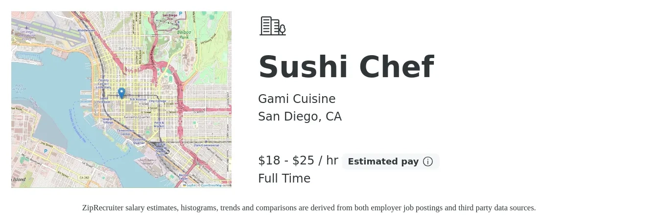 Gami Cuisine job posting for a Sushi Chef in San Diego, CA with a salary of $19 to $26 Hourly with a map of San Diego location.
