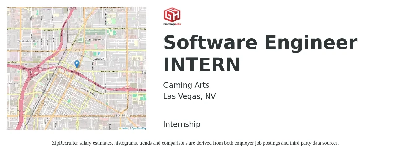 Gaming Arts job posting for a Software Engineer INTERN in Las Vegas, NV with a salary of $20 to $28 Hourly with a map of Las Vegas location.