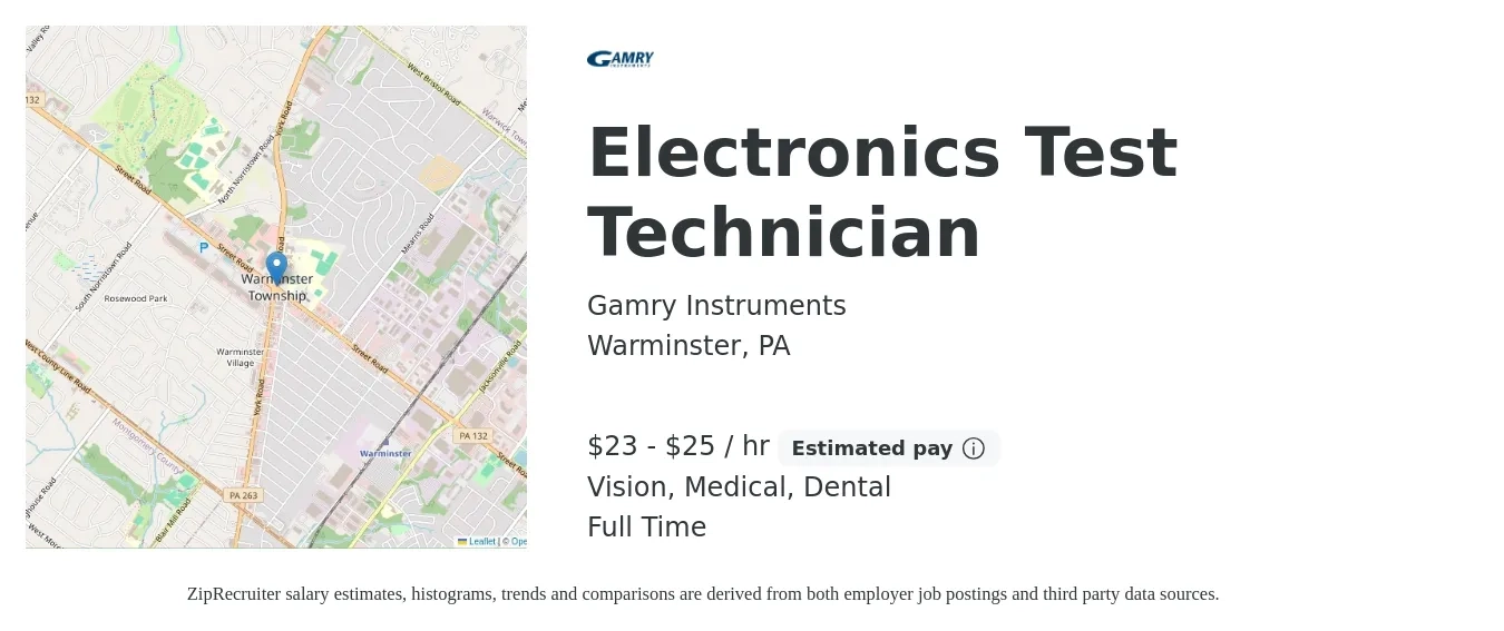 Gamry Instruments job posting for a Electronics Test Technician in Warminster, PA with a salary of $24 to $26 Hourly and benefits including medical, pto, retirement, vision, dental, and life_insurance with a map of Warminster location.