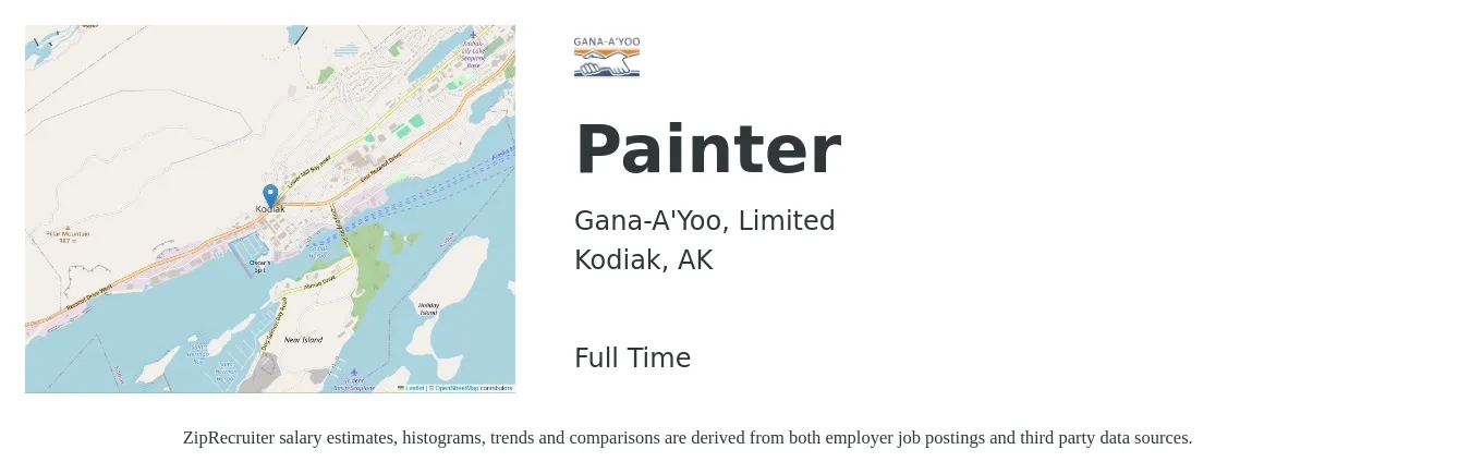 Gana-A'Yoo, Limited job posting for a Painter in Kodiak, AK with a salary of $20 to $27 Hourly with a map of Kodiak location.