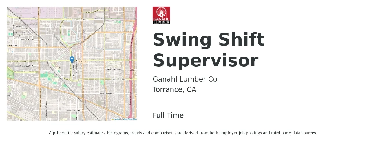 Ganahl Lumber Co job posting for a Swing Shift Supervisor in Torrance, CA with a salary of $53,300 to $79,400 Yearly with a map of Torrance location.