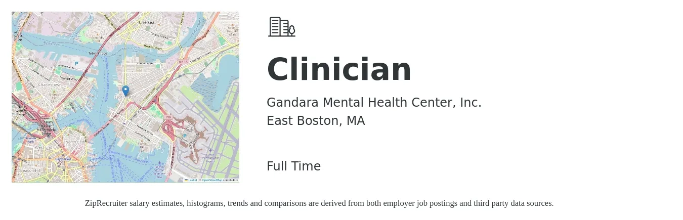 Gandara Mental Health Center, Inc. job posting for a Clinician in East Boston, MA with a salary of $59,200 to $78,200 Yearly with a map of East Boston location.