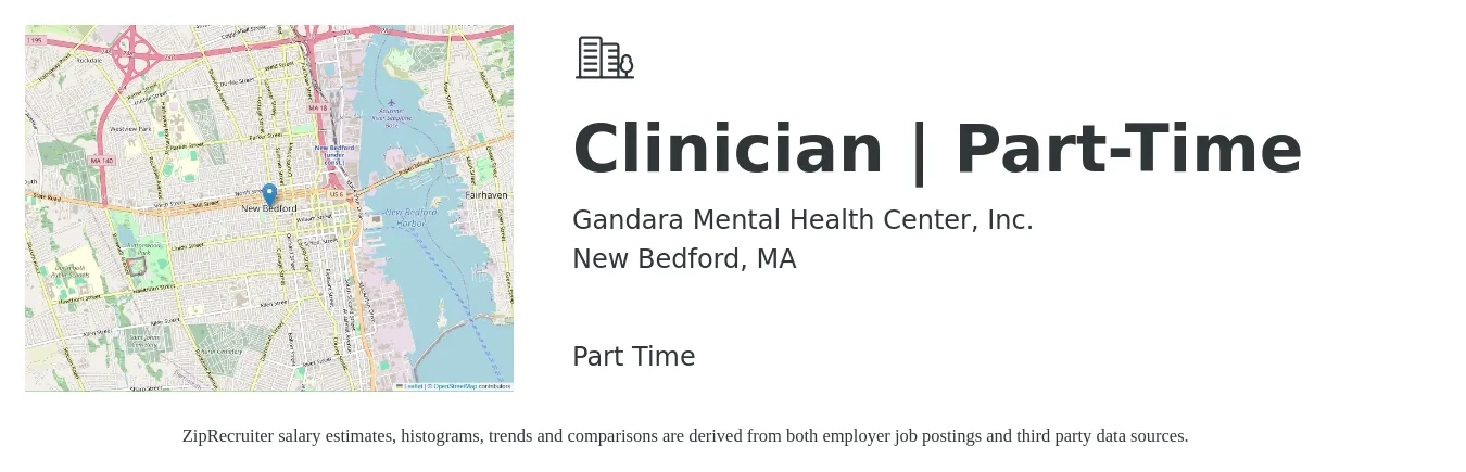 Gandara Mental Health Center, Inc. job posting for a Clinician | Part-Time in New Bedford, MA with a salary of $55,000 to $72,600 Yearly with a map of New Bedford location.