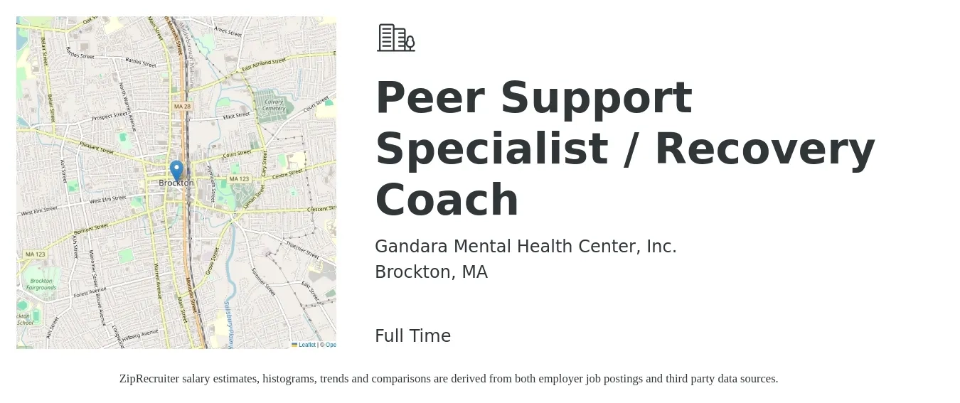 Gandara Mental Health Center, Inc. job posting for a Peer Support Specialist / Recovery Coach in Brockton, MA with a salary of $18 to $22 Hourly with a map of Brockton location.