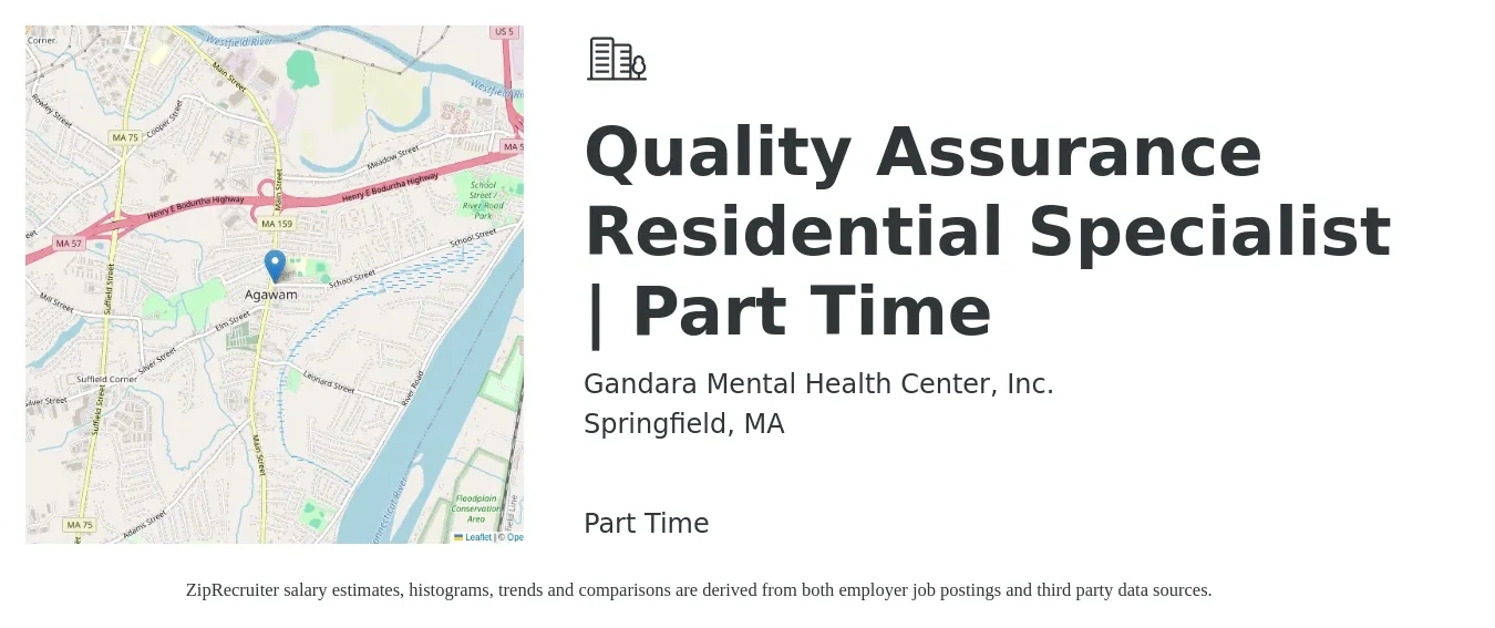 Gandara Mental Health Center, Inc. job posting for a Quality Assurance Residential Specialist | Part Time in Springfield, MA with a salary of $56,800 to $84,200 Yearly with a map of Springfield location.