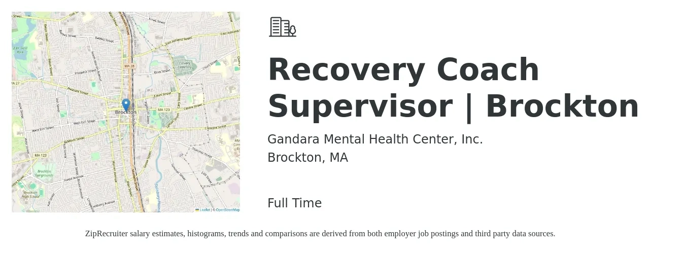 Gandara Mental Health Center, Inc. job posting for a Recovery Coach Supervisor | Brockton in Brockton, MA with a salary of $17 to $22 Hourly with a map of Brockton location.