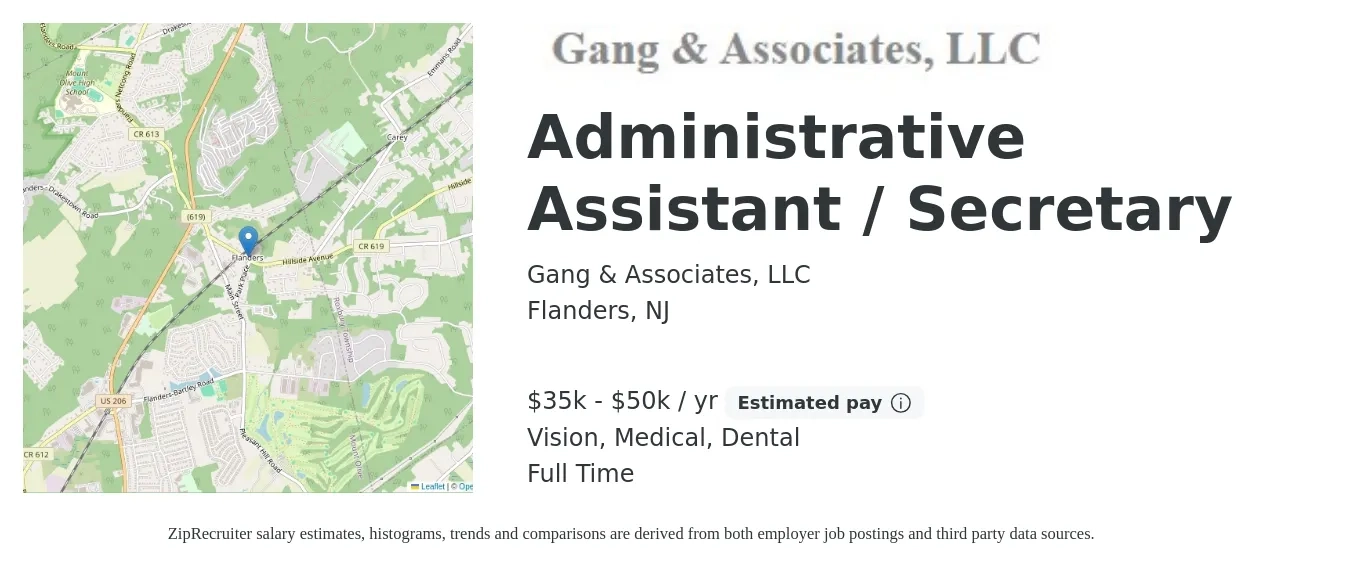 Gang & Associates, LLC job posting for a Administrative Assistant / Secretary in Flanders, NJ with a salary of $35,000 to $50,000 Yearly and benefits including life_insurance, medical, retirement, vision, and dental with a map of Flanders location.