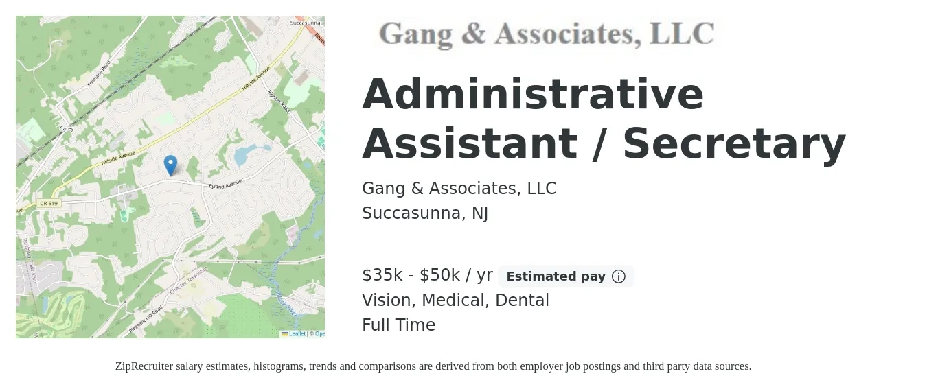 Gang & Associates, LLC job posting for a Administrative Assistant / Secretary in Succasunna, NJ with a salary of $35,000 to $50,000 Yearly and benefits including dental, life_insurance, medical, retirement, and vision with a map of Succasunna location.