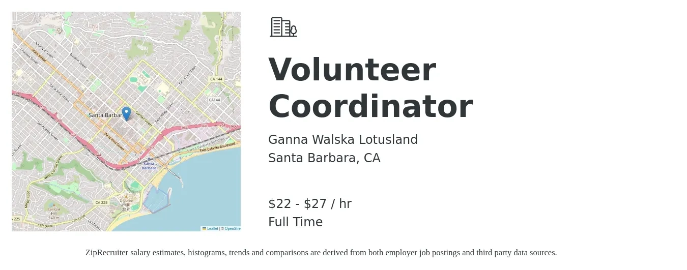 Ganna Walska Lotusland job posting for a Volunteer Coordinator in Santa Barbara, CA with a salary of $23 to $29 Hourly with a map of Santa Barbara location.