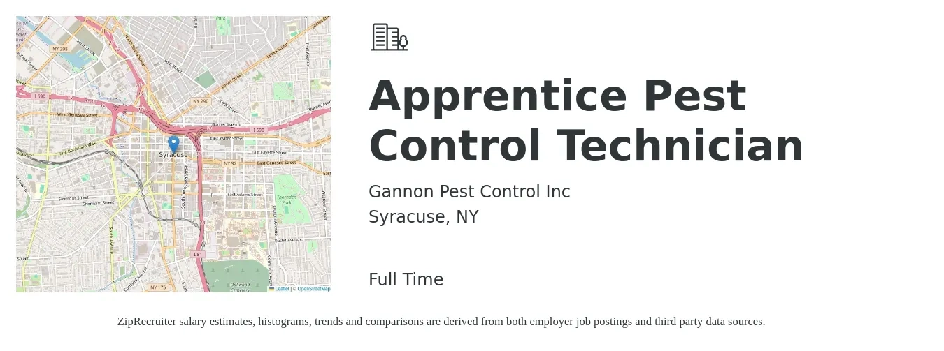 Gannon Pest Control Inc job posting for a Apprentice Pest Control Technician in Syracuse, NY with a salary of $18 to $24 Hourly with a map of Syracuse location.