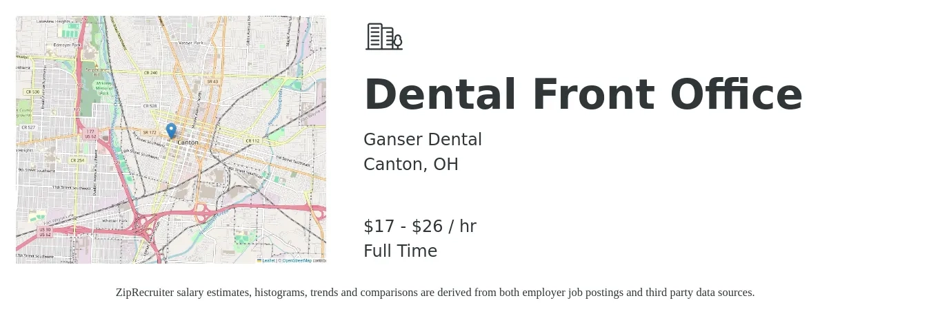 Ganser Dental job posting for a Dental Front Office in Canton, OH with a salary of $18 to $28 Hourly with a map of Canton location.