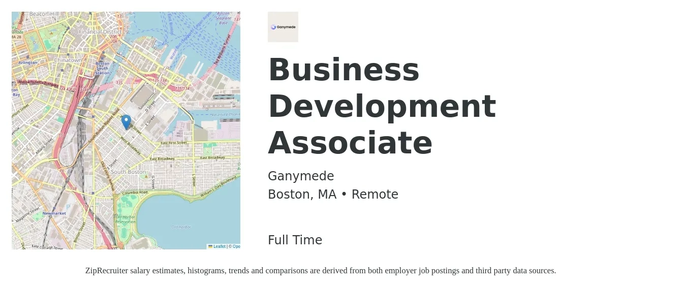 Ganymede job posting for a Business Development Associate in Boston, MA with a salary of $48,300 to $66,300 Yearly with a map of Boston location.