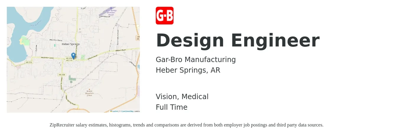 Gar-Bro Manufacturing job posting for a Design Engineer in Heber Springs, AR with a salary of $57,800 to $83,700 Yearly and benefits including life_insurance, medical, pto, retirement, and vision with a map of Heber Springs location.