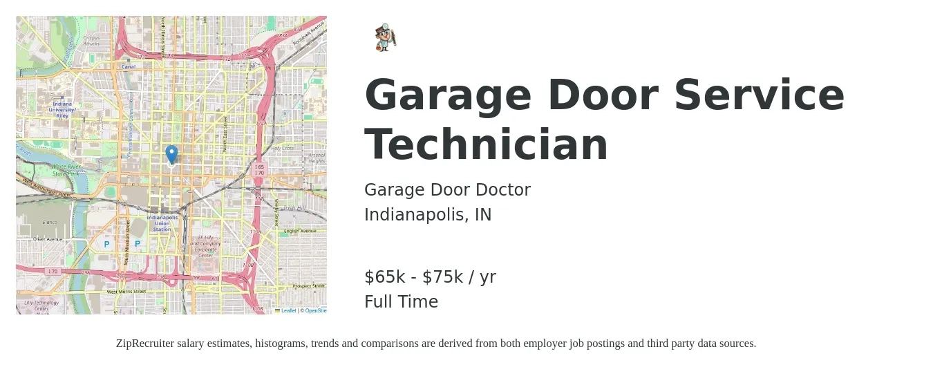 Garage Door Doctor job posting for a Garage Door Service Technician in Indianapolis, IN with a salary of $65,000 to $75,000 Yearly with a map of Indianapolis location.