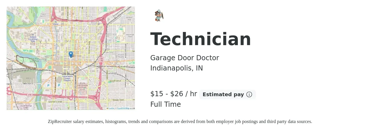 Garage Door Doctor job posting for a Technician in Indianapolis, IN with a salary of $16 to $28 Hourly with a map of Indianapolis location.