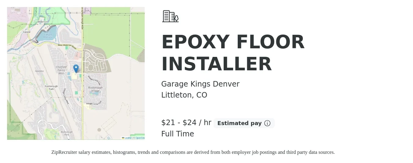 Garage Kings Denver job posting for a EPOXY FLOOR INSTALLER in Littleton, CO with a salary of $22 to $25 Hourly with a map of Littleton location.