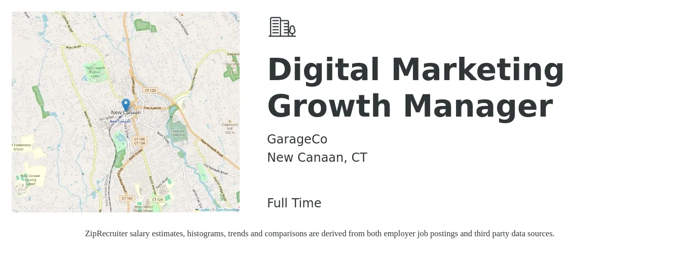 GarageCo job posting for a Digital Marketing Growth Manager in New Canaan, CT with a salary of $68,700 to $100,400 Yearly with a map of New Canaan location.