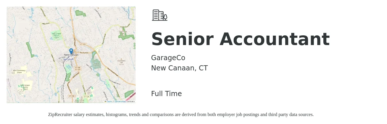 GarageCo job posting for a Senior Accountant in New Canaan, CT with a salary of $74,300 to $93,300 Yearly with a map of New Canaan location.