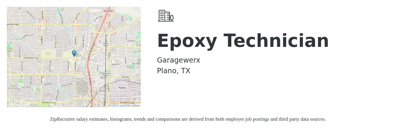 Garagewerx job posting for a Epoxy Technician in Plano, TX with a salary of $15 to $18 Hourly with a map of Plano location.