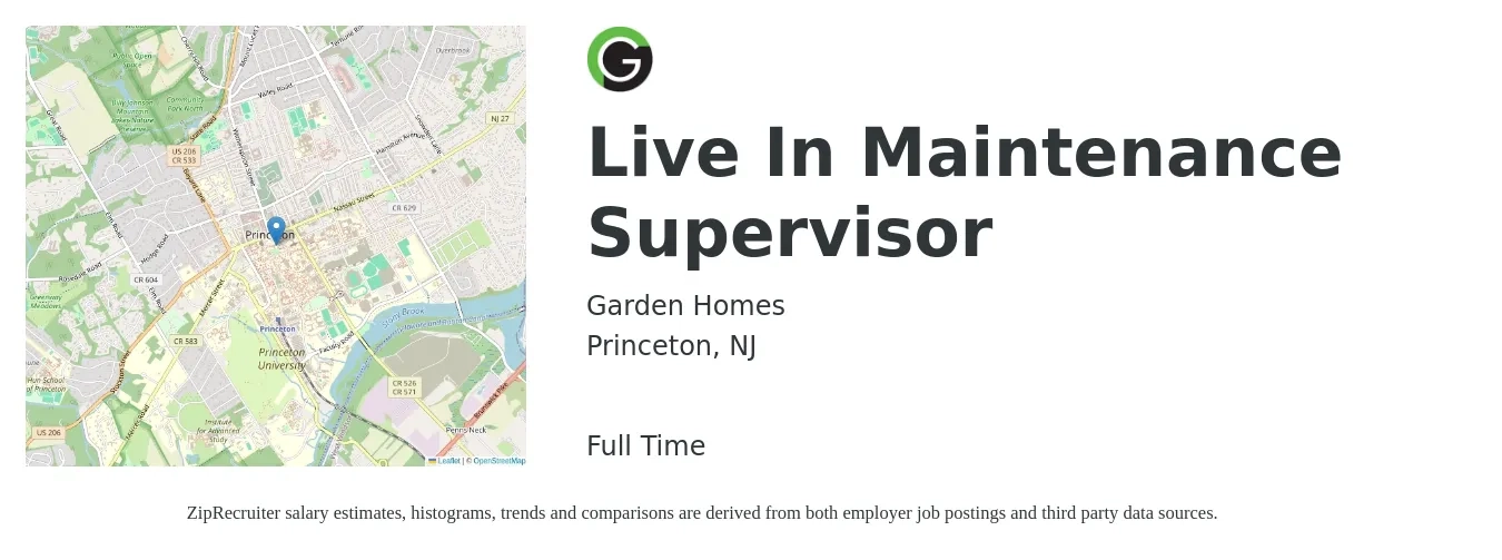 Garden Homes job posting for a Live In Maintenance Supervisor in Princeton, NJ with a salary of $15 to $22 Hourly with a map of Princeton location.