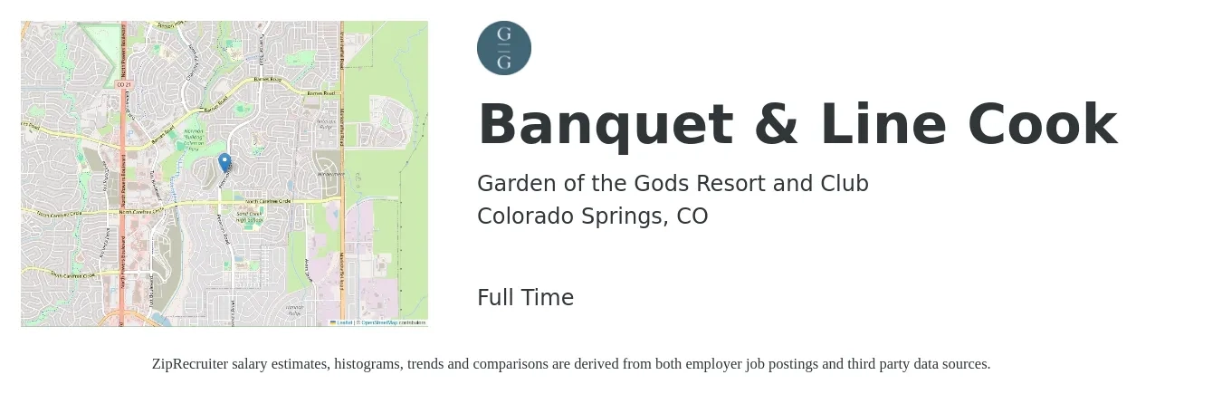 Garden of the Gods Resort and Club job posting for a Banquet & Line Cook in Colorado Springs, CO with a salary of $17 to $22 Hourly with a map of Colorado Springs location.