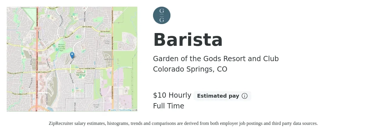 Garden of the Gods Resort and Club job posting for a Barista in Colorado Springs, CO with a salary of $11 Hourly with a map of Colorado Springs location.