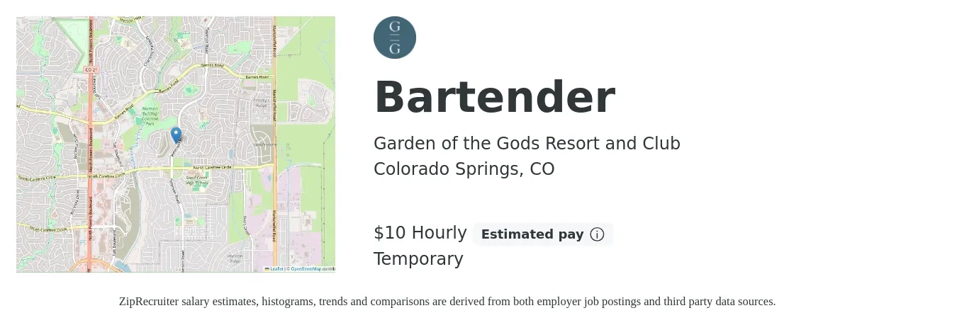 Garden of the Gods Resort and Club job posting for a Bartender in Colorado Springs, CO with a salary of $11 Hourly with a map of Colorado Springs location.