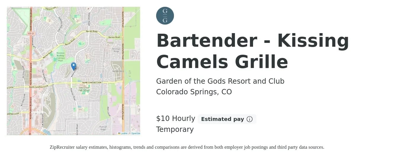 Garden of the Gods Resort and Club job posting for a Bartender - Kissing Camels Grille in Colorado Springs, CO with a salary of $11 Hourly with a map of Colorado Springs location.