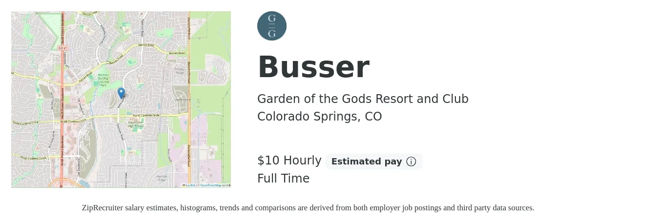 Garden of the Gods Resort and Club job posting for a Busser in Colorado Springs, CO with a salary of $11 Hourly with a map of Colorado Springs location.