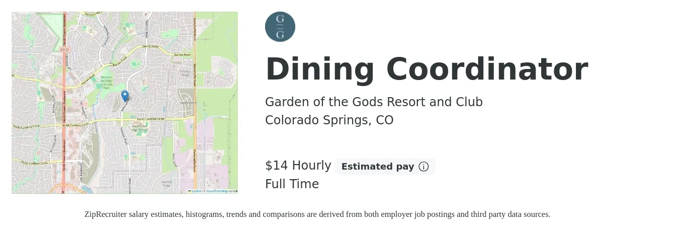 Garden of the Gods Resort and Club job posting for a Dining Coordinator in Colorado Springs, CO with a salary of $15 Hourly with a map of Colorado Springs location.