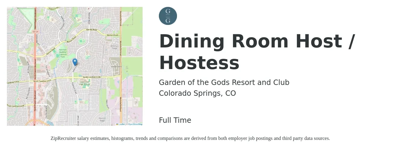Garden of the Gods Resort and Club job posting for a Dining Room Host / Hostess in Colorado Springs, CO with a salary of $15 Hourly with a map of Colorado Springs location.