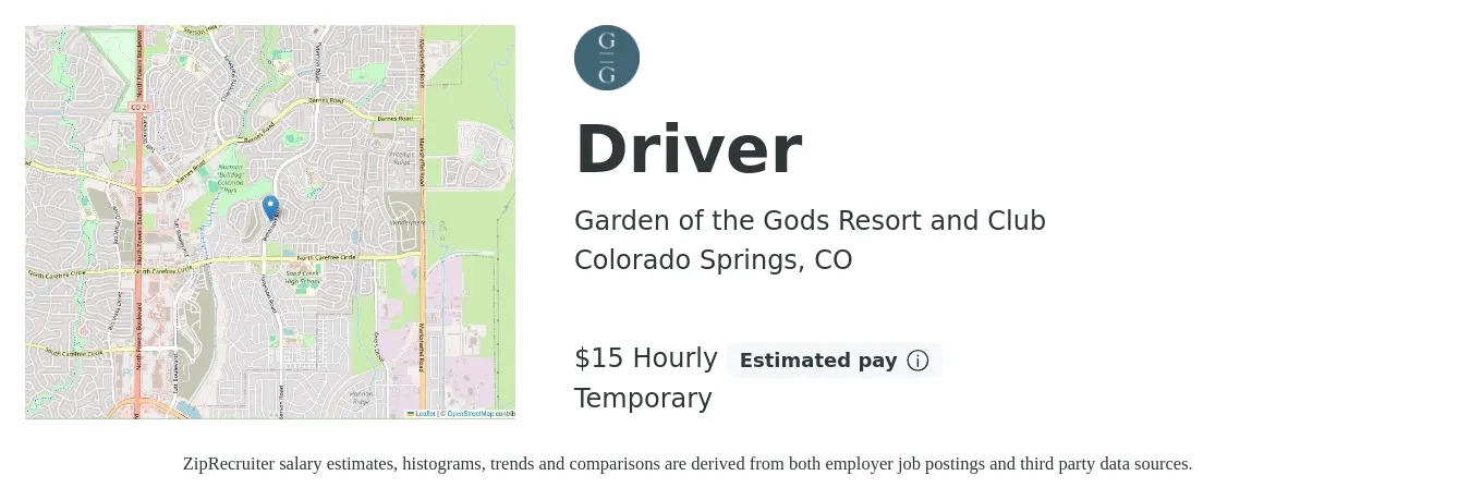 Garden of the Gods Resort and Club job posting for a Driver in Colorado Springs, CO with a salary of $16 Hourly with a map of Colorado Springs location.
