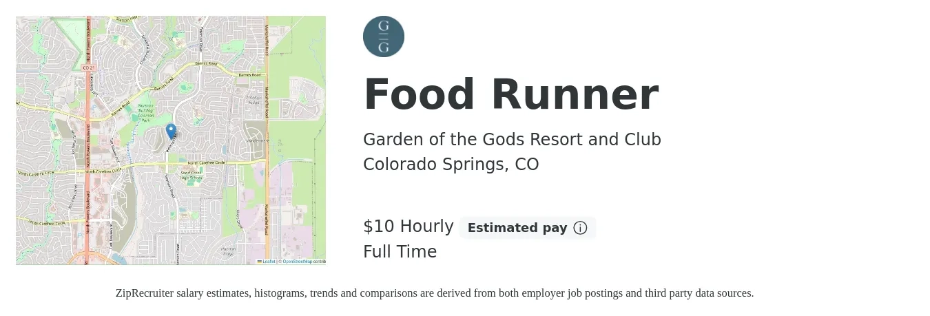 Garden of the Gods Resort and Club job posting for a Food Runner in Colorado Springs, CO with a salary of $11 Hourly with a map of Colorado Springs location.