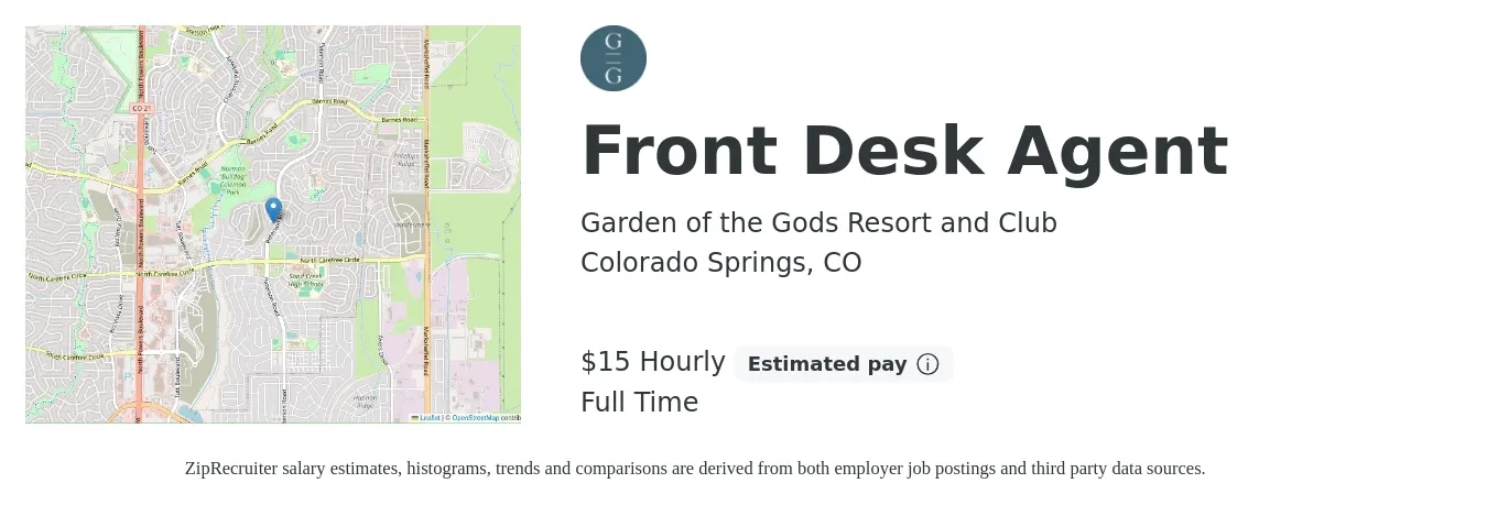 Garden of the Gods Resort and Club job posting for a Front Desk Agent in Colorado Springs, CO with a salary of $16 Hourly with a map of Colorado Springs location.