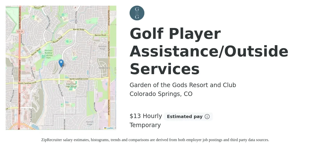 Garden of the Gods Resort and Club job posting for a Golf Player Assistance/Outside Services in Colorado Springs, CO with a salary of $14 Hourly with a map of Colorado Springs location.