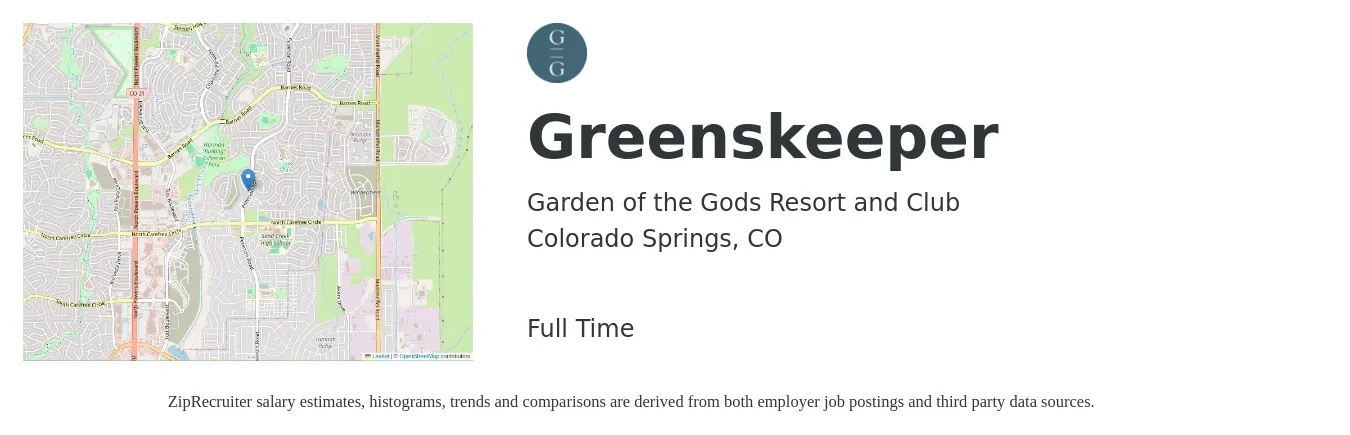 Garden of the Gods Resort and Club job posting for a Greenskeeper in Colorado Springs, CO with a salary of $16 Hourly with a map of Colorado Springs location.