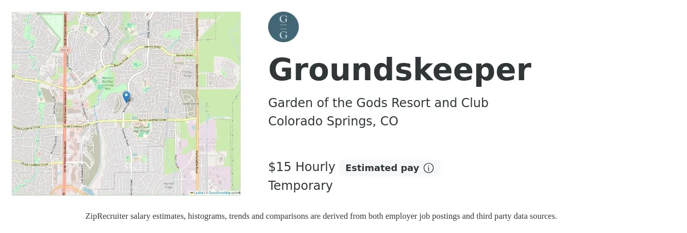 Garden of the Gods Resort and Club job posting for a Groundskeeper in Colorado Springs, CO with a salary of $16 Hourly with a map of Colorado Springs location.