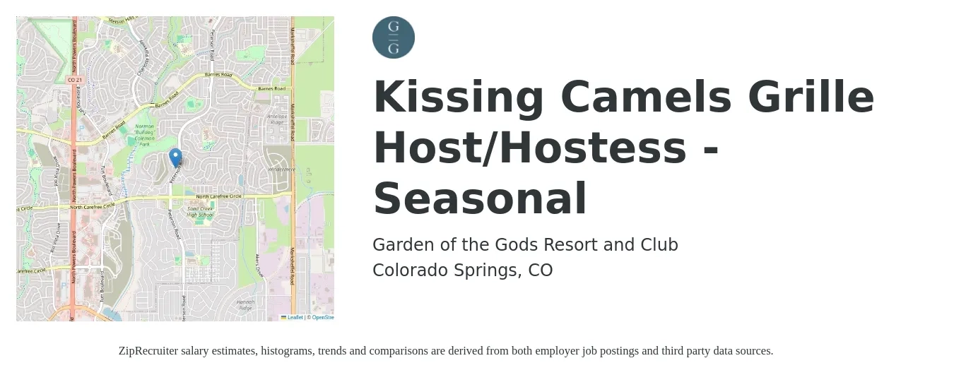 Garden of the Gods Resort and Club job posting for a Kissing Camels Grille Host/Hostess - Seasonal in Colorado Springs, CO with a salary of $15 Hourly with a map of Colorado Springs location.