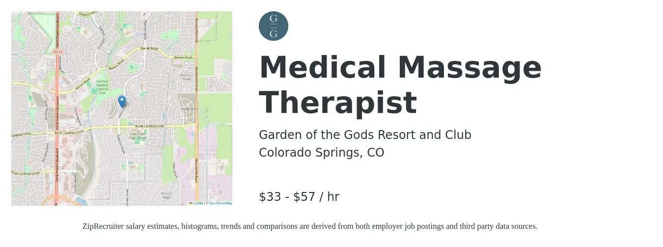 Garden of the Gods Resort and Club job posting for a Medical Massage Therapist in Colorado Springs, CO with a salary of $35 to $60 Hourly with a map of Colorado Springs location.