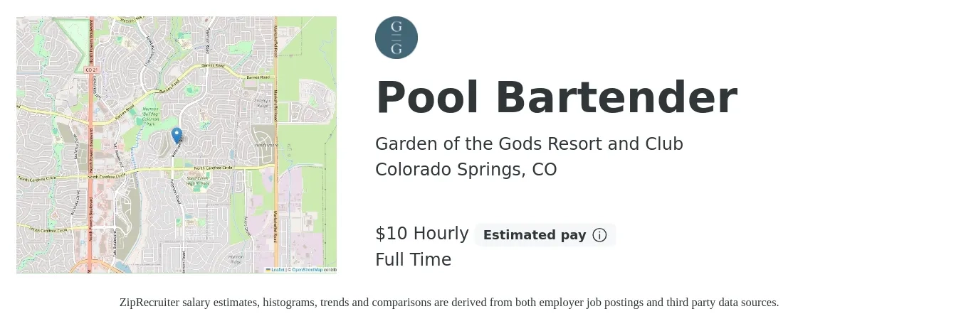 Garden of the Gods Resort and Club job posting for a Pool Bartender in Colorado Springs, CO with a salary of $11 Hourly with a map of Colorado Springs location.