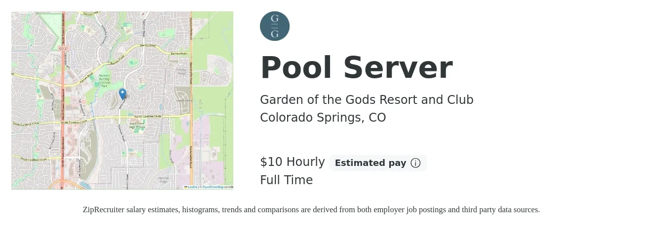 Garden of the Gods Resort and Club job posting for a Pool Server in Colorado Springs, CO with a salary of $11 Hourly with a map of Colorado Springs location.