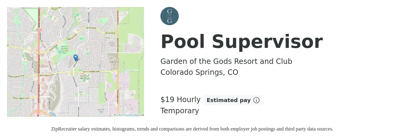 Garden of the Gods Resort and Club job posting for a Pool Supervisor in Colorado Springs, CO with a salary of $20 Hourly with a map of Colorado Springs location.