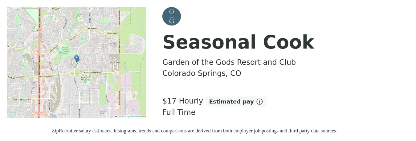 Garden of the Gods Resort and Club job posting for a Seasonal Cook in Colorado Springs, CO with a salary of $18 Hourly with a map of Colorado Springs location.