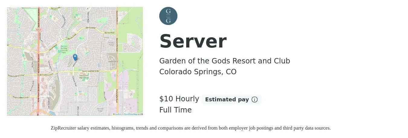 Garden of the Gods Resort and Club job posting for a Server in Colorado Springs, CO with a salary of $11 Hourly with a map of Colorado Springs location.