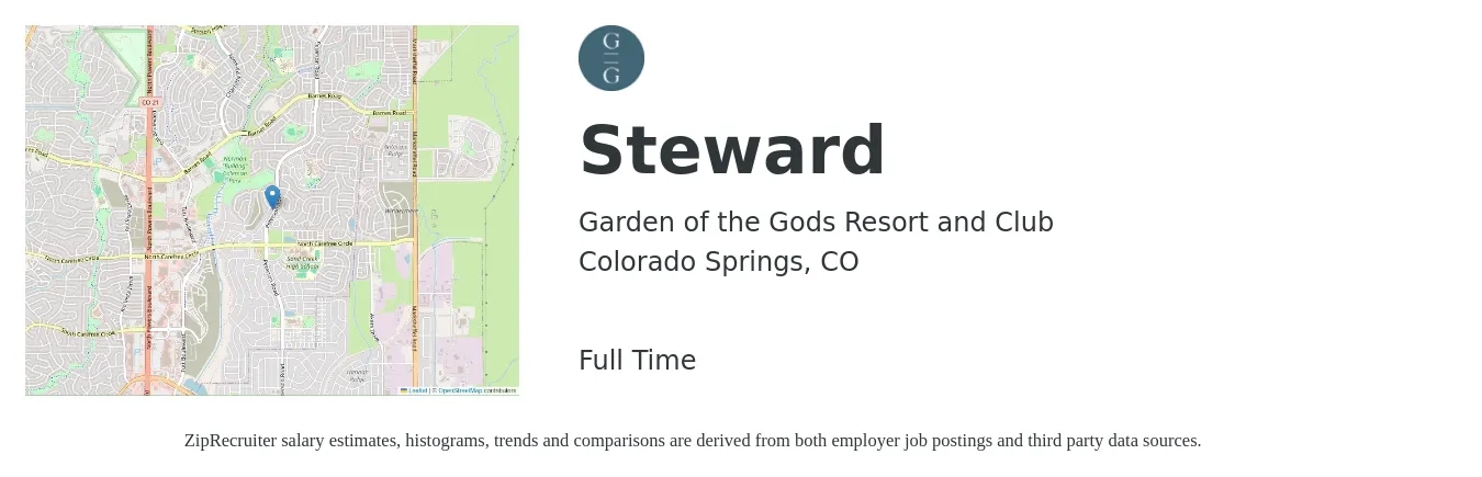 Garden of the Gods Resort and Club job posting for a Steward in Colorado Springs, CO with a salary of $15 Hourly with a map of Colorado Springs location.
