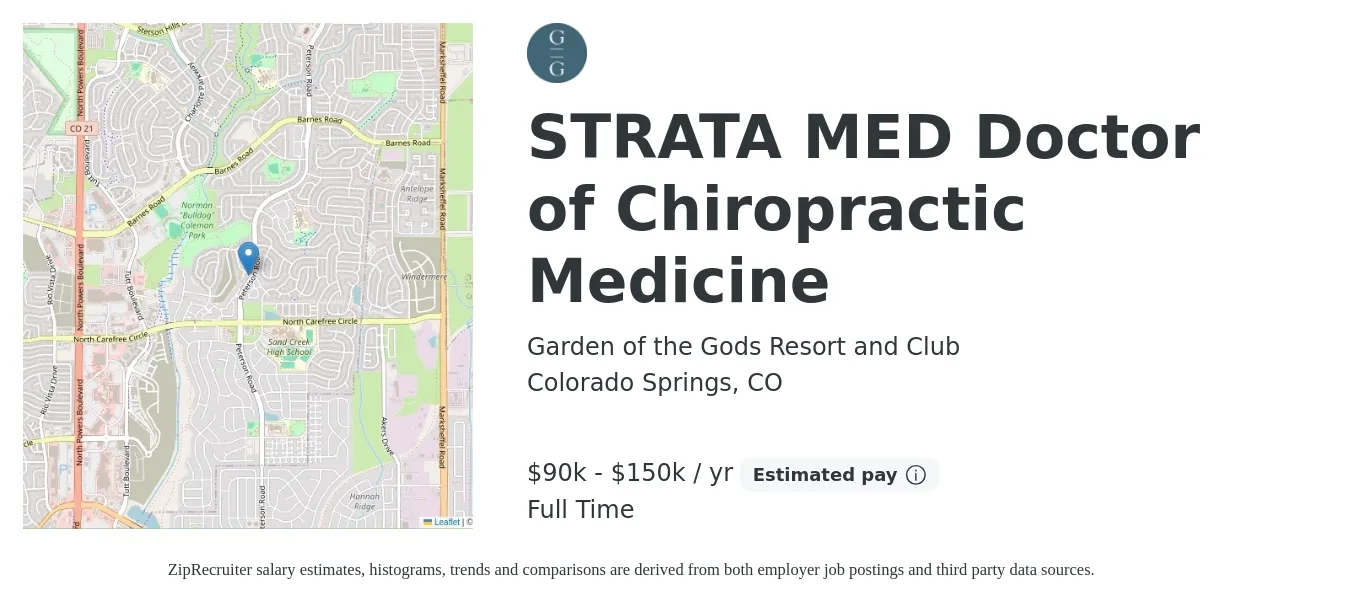 Garden of the Gods Resort and Club job posting for a STRATA MED Doctor of Chiropractic Medicine in Colorado Springs, CO with a salary of $90,000 to $150,000 Yearly with a map of Colorado Springs location.