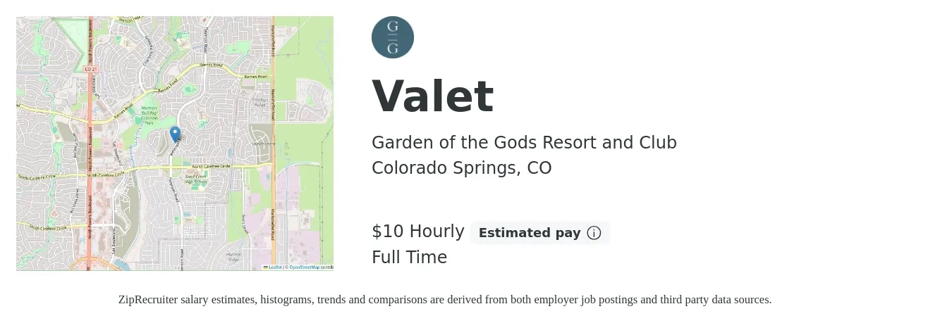 Garden of the Gods Resort and Club job posting for a Valet in Colorado Springs, CO with a salary of $11 Hourly with a map of Colorado Springs location.
