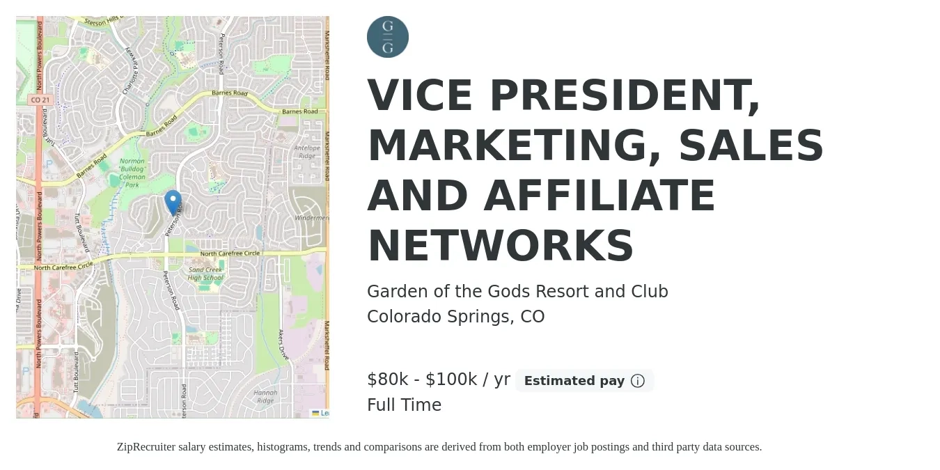 Garden of the Gods Resort and Club job posting for a VICE PRESIDENT, MARKETING, SALES AND AFFILIATE NETWORKS in Colorado Springs, CO with a salary of $80,000 to $100,000 Yearly with a map of Colorado Springs location.