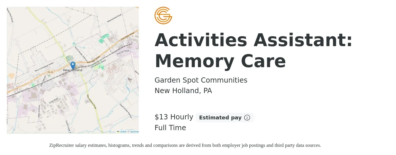 Garden Spot Communities job posting for a Activities Assistant: Memory Care in New Holland, PA with a salary of $14 Hourly with a map of New Holland location.