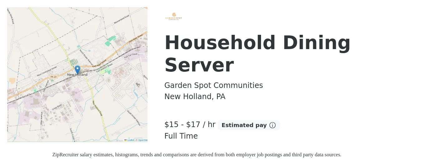 Garden Spot Communities job posting for a Household Dining Server in New Holland, PA with a salary of $16 Hourly with a map of New Holland location.